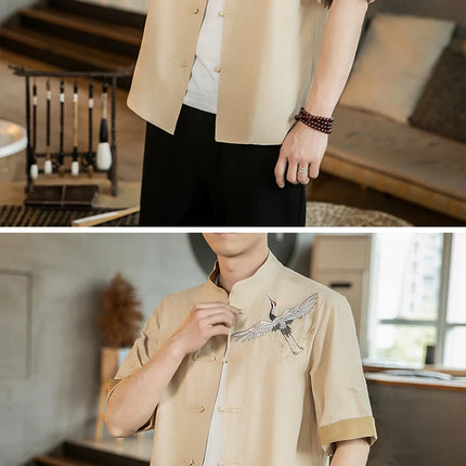 Camicie da uomo con gru ricamate Kungfu Tai Chi Casual manica corta nuovo stile cinese colletto alla coreana Cardigan in lino Tang Suit uomo Top
