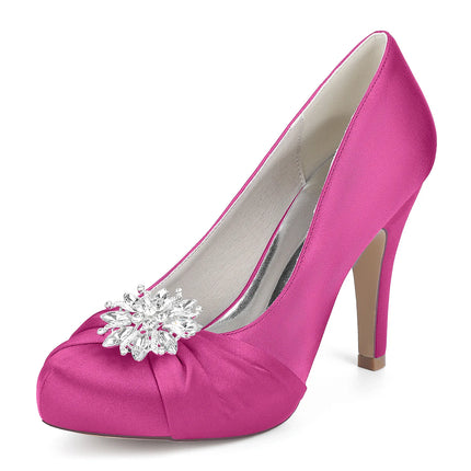 Primavera Boca de pescado Punta redonda Diamantes de imitación de seda Zapatos de boda impermeables de tacón alto para mesa Sandalias de mujer de talla grande para vestido de banquete