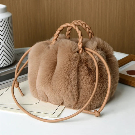 Women's Crossbody Pumpkin Plush Bag Cute Tote Bags Autumn Winter Fashion Solid Color Handbag Travel Shoulder Bags PlatiNum