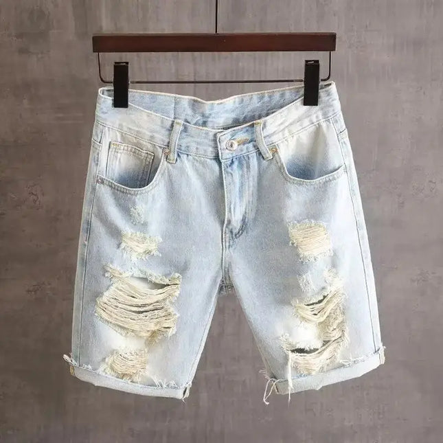 Pantaloncini di jeans strappati di colore chiaro vecchio estivo sottile da uomo di marca pantaloni medi retrò con foro lavato dritto allentato abbigliamento streetwear