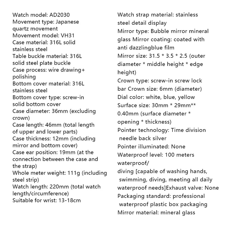 ADDIESDIVE 36mm Men Watch Without Logo AD2030 VH31 Quartz Watch 10Bar Waterproof 316L Stainless Steel Sand Dial Wristwatch New