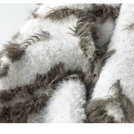 Men Jacquard Furry Sweater Long Sleeve Thick Print Faux Mink Velvet Knit Dyed Pullover O Neck High Street Warm Sweater Jumpers
