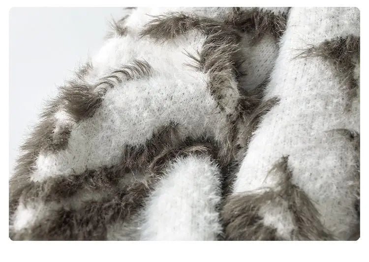 Men Jacquard Furry Sweater Long Sleeve Thick Print Faux Mink Velvet Knit Dyed Pullover O Neck High Street Warm Sweater Jumpers