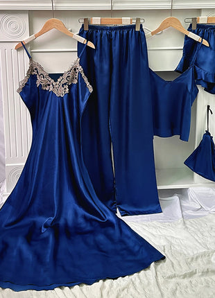Set da notte in raso da 5 pezzi abito sottoveste in pizzo Cami Top pantaloncini con volant pantaloni da salotto pigiameria da notte da donna