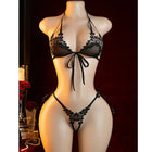 Black Embroidered Mini Bra Panty Set Lolita Sexy Lingerie Neck-hanging Adjustable Push-Up Thong Erotic Costumes Women Underwear