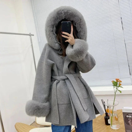 OFTBUY Omen Double Face Wool Coat Natural Fur Coat Wool Blend Jacket Winter Warm Elegant Long Sleeve Fur Cuffs Fashion Outerwear