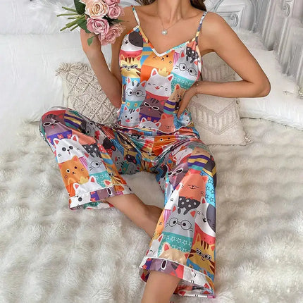 Pigiama floreale in raso da donna con top con cinturino per spaghetti e pantaloni lunghi Indumenti da notte 2 pezzi senza maniche Abbigliamento per la casa Pigiama platinumshop