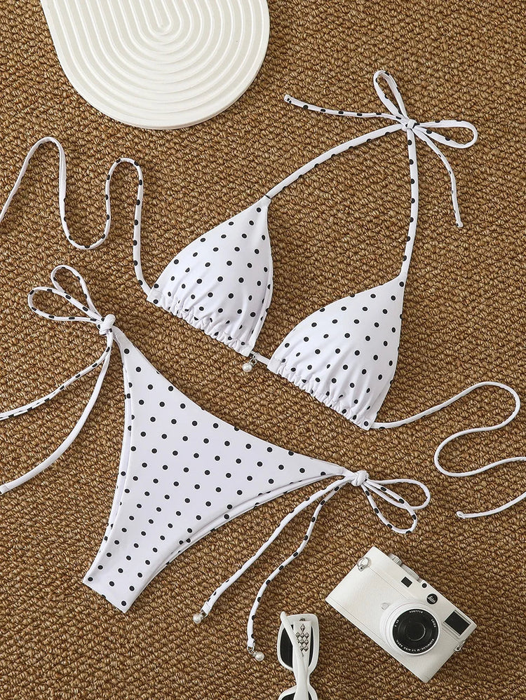 Bikini di Tendenza 2026, Costume da Bagno Sexy con Perle, Micro Bikini a Pois, Abbigliamento da Spiaggia per Donna platinumshop