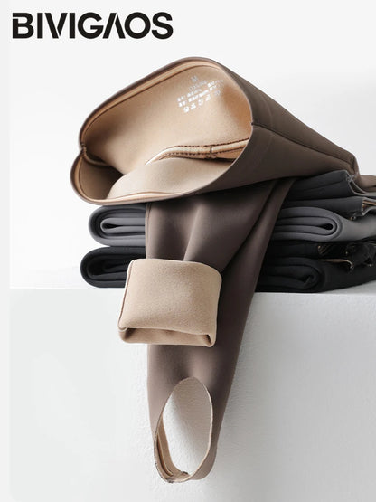 BIVIGAOS Autumn Winter Thick Foot Pants Sharkskin Leggings Women's Rabbit Fleece Warm Leggings High Waist Elastic Non Trace Yoga