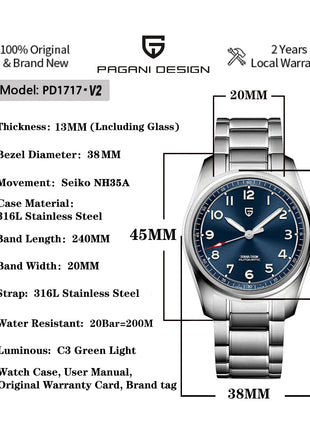 PAGANI DESIGN 38MM NH35 PD1717 V2 Orologi meccanici automatici da uomo Orologio da polso da uomo in acciaio inossidabile impermeabile con zaffiro 200 m impermeabile