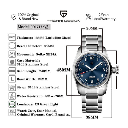 PAGANI DESIGN 38MM NH35 PD1717 V2 Orologi meccanici automatici da uomo Orologio da polso da uomo in acciaio inossidabile impermeabile con zaffiro 200 m impermeabile