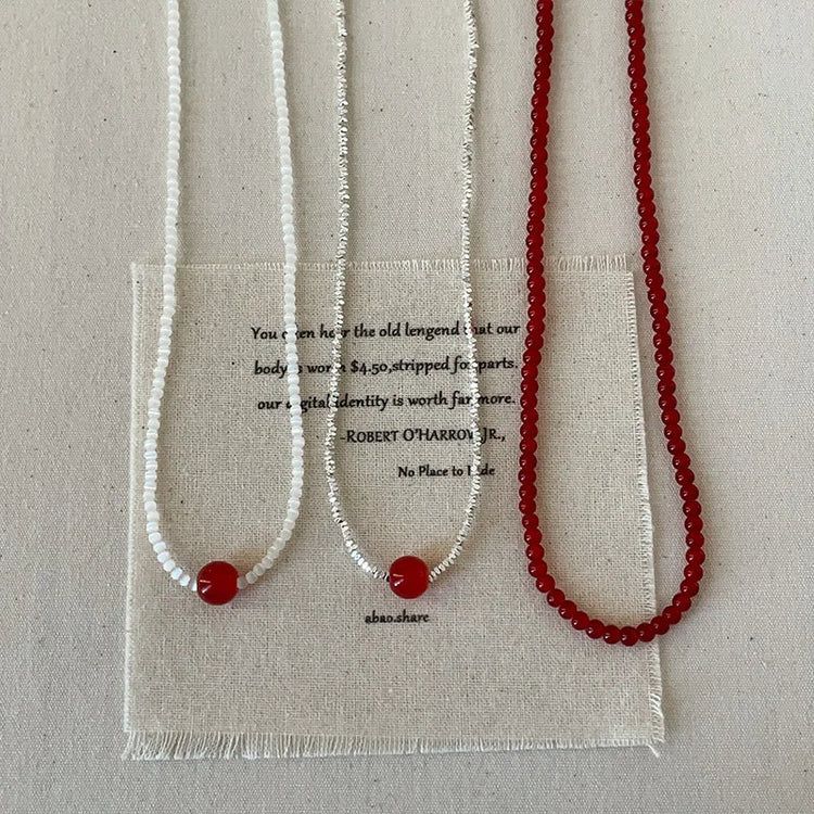 Minar French Silver Water Wave Chain Red Agate Beads Heart Beaded Pendant Necklaces for Women Gold Silver Plated Sweater Chain PlatiNum