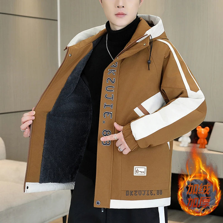 Fashion Autumn Winter Men's Hooded Fleece Jackets Youth High Streetwear Casual Plush Liner Coats Windproof Padded Tops Clothing