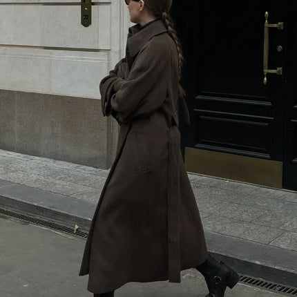 Women's Long Woolen Overcoats Stand Collar Single Breasted Lace Up Oversized Coat Autumn Winter Female Loose New Chic Outerwears