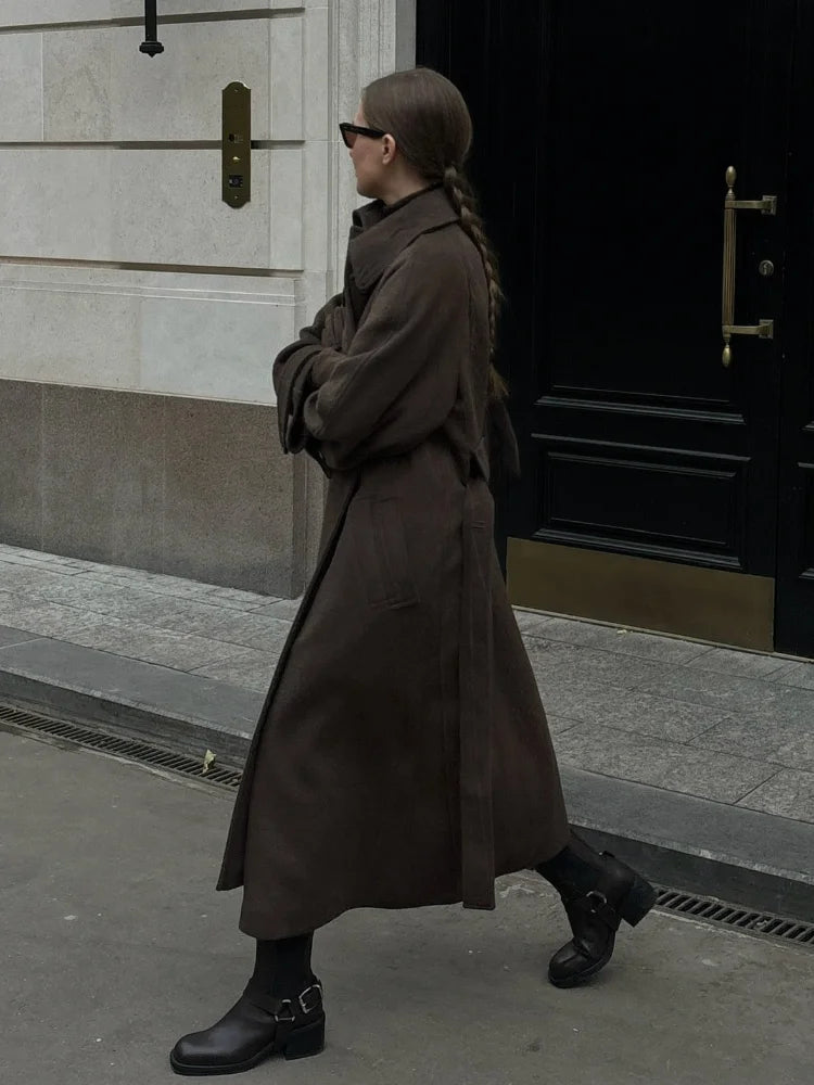 Women's Long Woolen Overcoats Stand Collar Single Breasted Lace Up Oversized Coat Autumn Winter Female Loose New Chic Outerwears