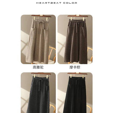 Autumn And Winter100% Pure Wool Skirt Women's Long Pocket Small A Skirt High Waist Slim Cashmere Knit A-Line Skirt PlatiNum