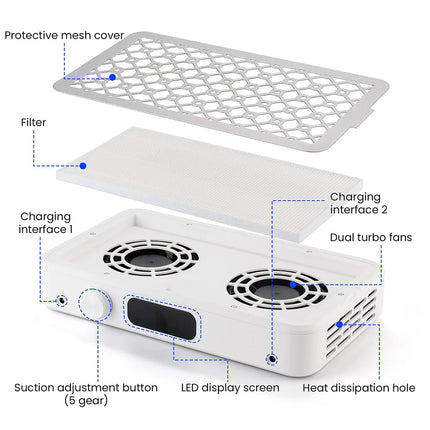 Brushless Nail Dust Collector Dual Turbo Fans Nail Vacuum Cleaner 5-Level Suction Two Hands Nail Dust Extractor Fans for Nail Salon Manicure Table