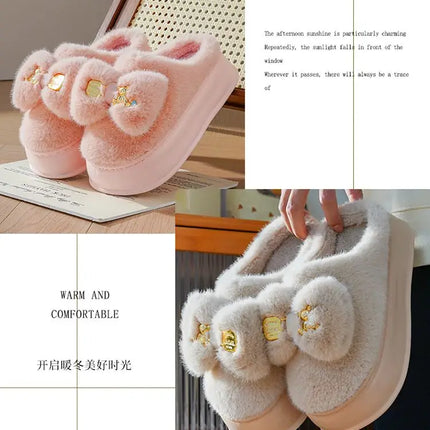 New Pink Bow Slippers Winter Women's Shoes Thick Sole Fuzzy Slippers for Home Mules Shoes Woman Fluffy Metal Bear House Slipper