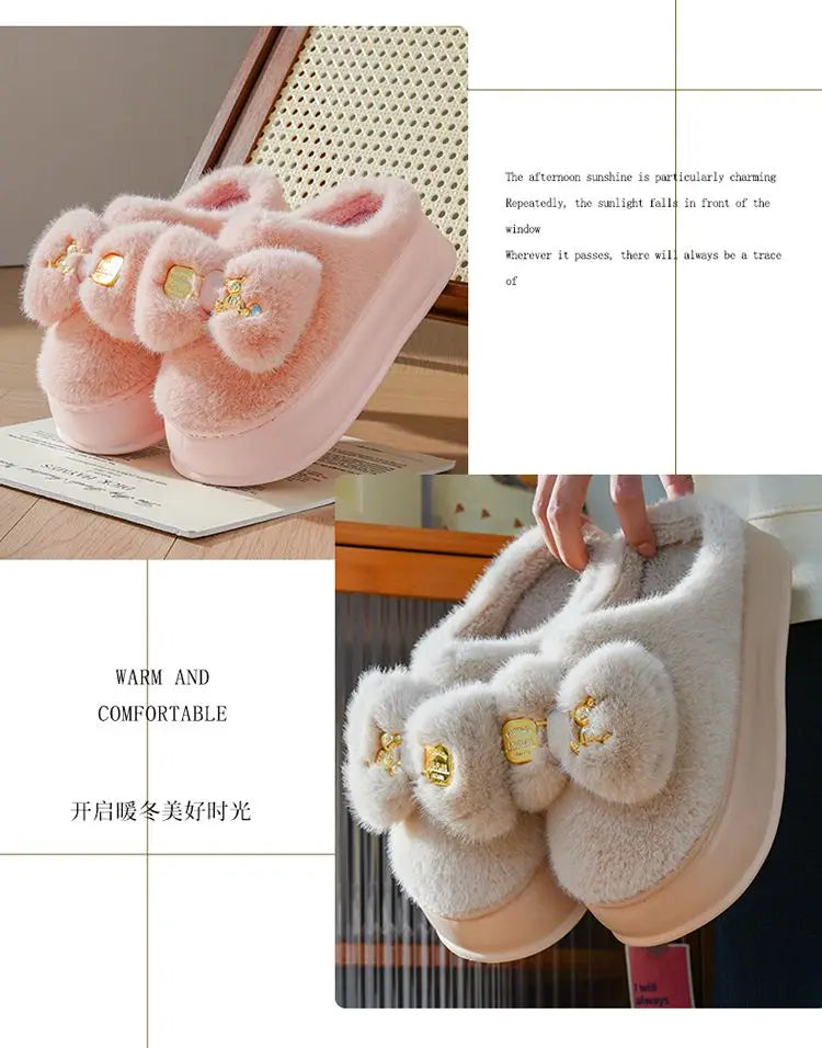 New Pink Bow Slippers Winter Women's Shoes Thick Sole Fuzzy Slippers for Home Mules Shoes Woman Fluffy Metal Bear House Slipper