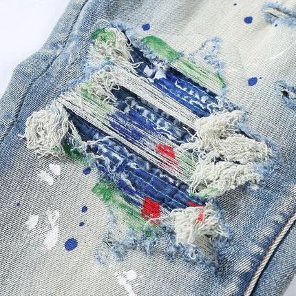 Street Fashion Men Jeans Retro Light Blue Stretch Skinny Fit Patched Ripped Jeans Men Painted Designer Brand Hip Hop Denim Pants PlatiNum