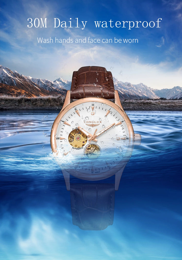LONGLUX Automatic Watch Elegant Style Wholesale Mechanical Wristwatches Skeleton Rome Waterproof Mens Watch Men Gift