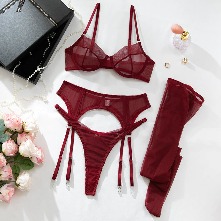 Luxury Dark Style 4Pcs Women's Lingerie Set Push-up Underwire Bra Garter Belt Thong Panty Stocking Erotic Intimate Outfits