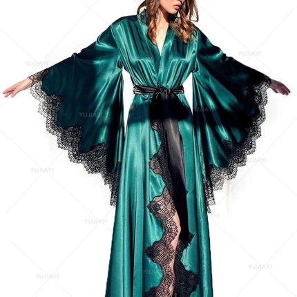 Vestaglie da donna Indumenti da notte Pigiama kimono Puro lungo raso di seta nera con finiture in pizzo Abito fotografico Abito da sposa Abito da sposa Servizio fotografico