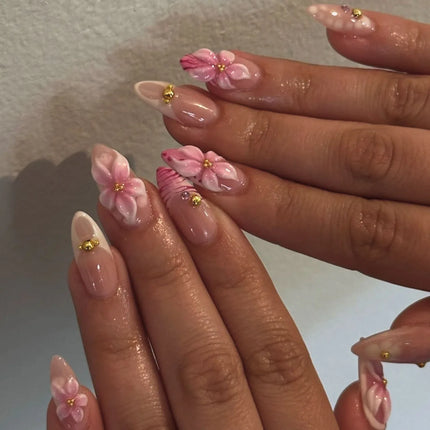 24pcs Pink Flower Almond Press on Nails Kawaii False Nails Wearable Stick-on Nails Fake Nail Uñas Postizas Накладные Ногти 네일팁2028