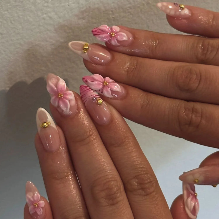 24pcs Pink Flower Almond Press on Nails Kawaii False Nails Wearable Stick-on Nails Fake Nail Uñas Postizas Накладные Ногти 네일팁2028