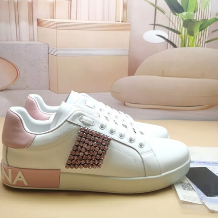 Luxury Rhinestone Sneakers Designer Unisex White Leather Thick Sole Casual Shoes Brand Ladies Outdoor Platform Trainers Flats