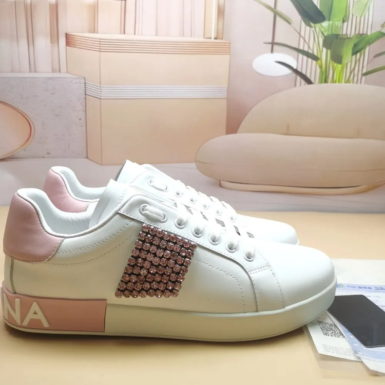 Luxury Rhinestone Sneakers Designer Unisex White Leather Thick Sole Casual Shoes Brand Ladies Outdoor Platform Trainers Flats
