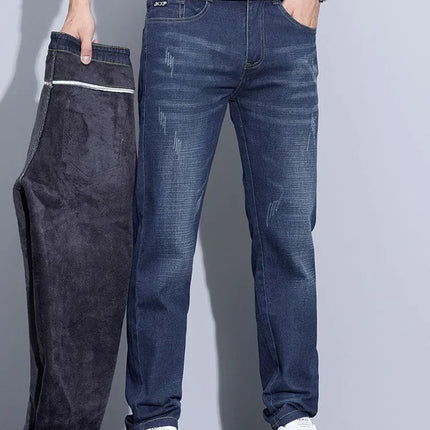 Business Casual Straight Washed Trousers Thickened Thermal Stretch Versatile Male Denim Pants New Men's Winter Fleece Warm Jeans
