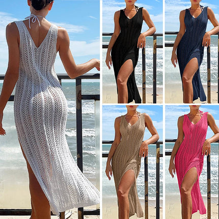 Abito da spiaggia estivo lavorato a maglia Donna Abiti lunghi alla moda eleganti Abiti estivi sottili per le vacanze bohémien 2024 Copricostume da spiaggia platinumshop