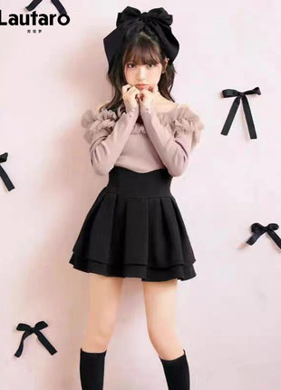 Minigonna a balze Lautaro Primavera Estate Nera Dolce Carina Kawaii a Vita Alta da Donna, Abbigliamento Cutecore Stile Giapponese Moda