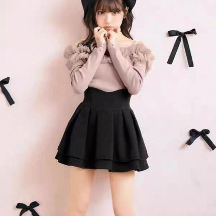 Lautaro Damen-Stufenminirock Frühling Sommer, Schwarz, Süß, Kawaii, Hohe Taille, Cutecore-Kleidung, Japanischer Modestil