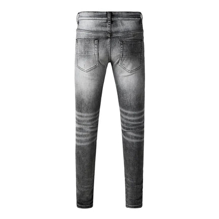 Street Designer Fashion Men Jeans Retro Gray Stretch Skinny Fit Patched Ripped Jeans Men Brand Hip Hop Y2K Denim Pants Hombre PlatiNum