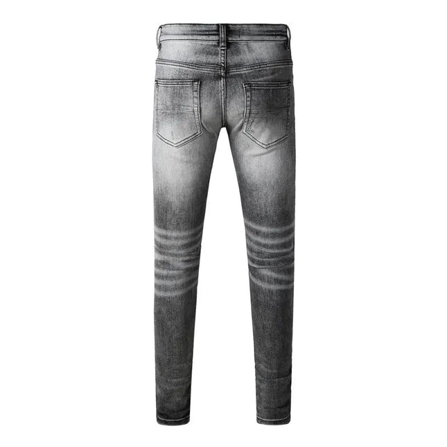 Street Designer Fashion Men Jeans Retro Gray Stretch Skinny Fit Patched Ripped Jeans Men Brand Hip Hop Y2K Denim Pants Hombre PlatiNum
