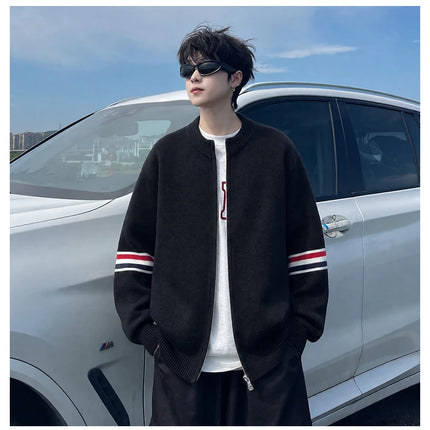 High End Men's Knitted Cardigan Autumn Winter Round Neck Zipper Casual Luxury Brand Classic Trendy Striped Korean Simple Sweater