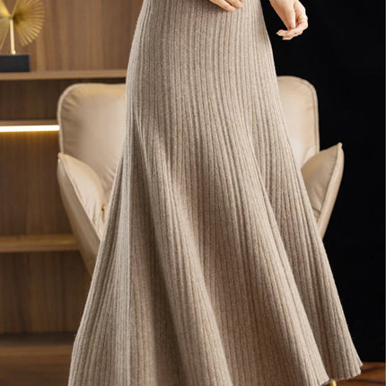 Elegant Women's Pleated Skirt 100% Merino Wool Skirt A-Line Long Skirt Soft Warm Autumn Winter Dress Slim Elastic Waist Office PlatiNum