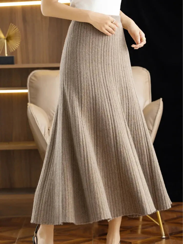 Elegant Women's Pleated Skirt 100% Merino Wool Skirt A-Line Long Skirt Soft Warm Autumn Winter Dress Slim Elastic Waist Office PlatiNum