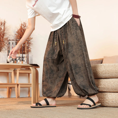 Men's Wide-Leg Pants Spring-Summer, Trendy Vintage Style, Thin Jacquard, Casual, Oversize, Chinese Style, Sizes up to 8XL