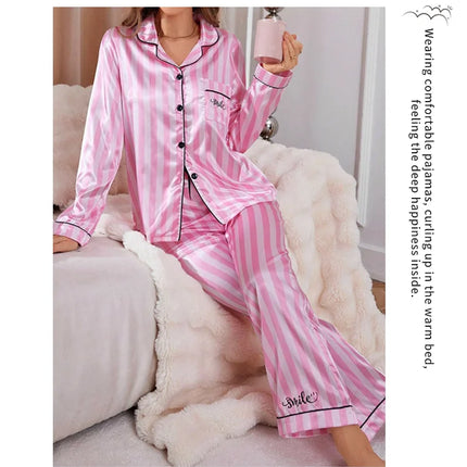 Pigiama da donna in raso con stampa a righe Victoria Autunno Manica lunga Bottoni Risvolto Top e pantaloni Indumenti da notte Comfort Indumenti da notte dalla vestibilità rilassata