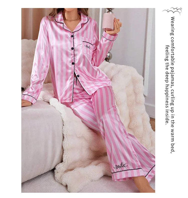 Pigiama da donna in raso con stampa a righe Victoria Autunno Manica lunga Bottoni Risvolto Top e pantaloni Indumenti da notte Comfort Indumenti da notte dalla vestibilità rilassata