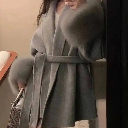 UCXQ Elegant Woolen Coat Temperament Office Lady Overcoats Fur Patchwork Long Sleeve Beautiful Women's Coats 2025 Winter New