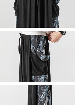 Men's Summer Harajuku Harem Pants Cotton Linen Joggers Mens Calves Length Loose Vintage Japanese Ukiyo-e Print Pants