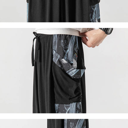 Pantaloni da uomo estivi Harajuku Harem Pantaloni da jogging in cotone di lino Pantaloni al polpaccio da uomo Allentati Costume giapponese vintage Ukiyo-e Pantaloni con stampa