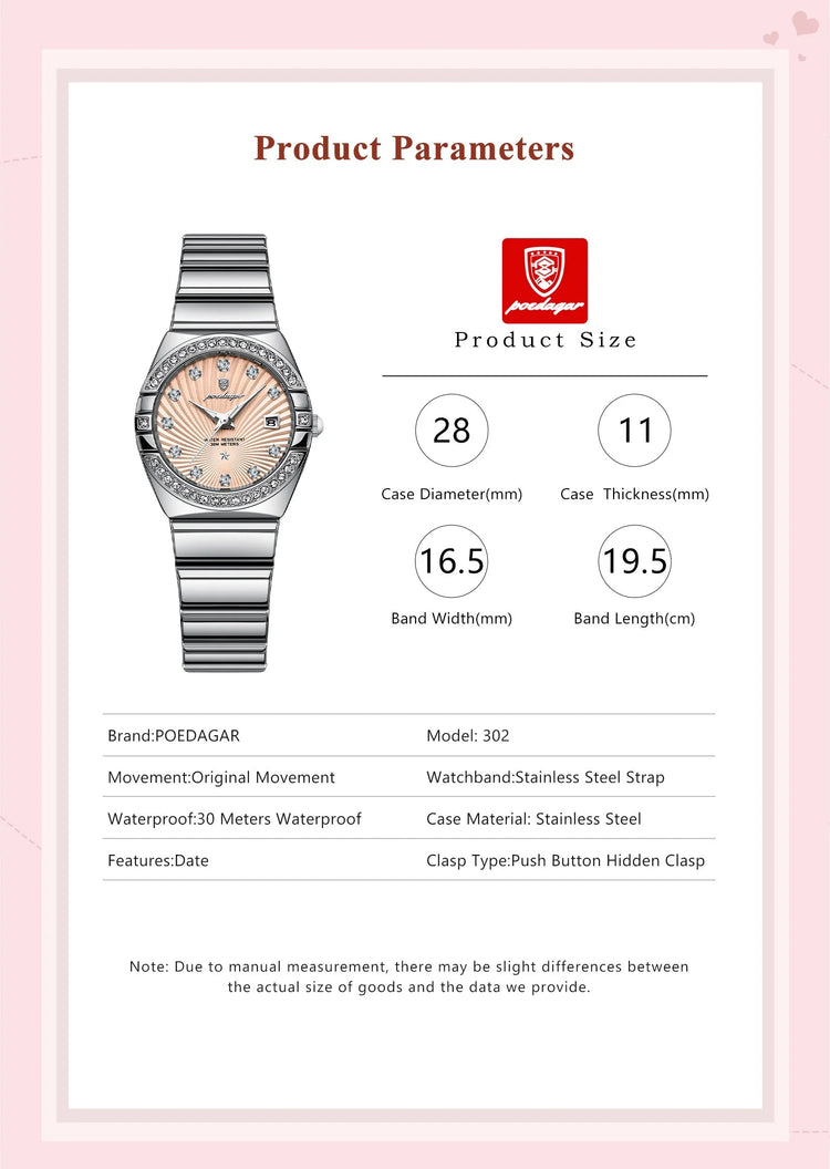 Orologio da donna POEDAGAR, raffinato, impermeabile, luminoso, con datario, in acciaio inossidabile, elegante orologio da polso al quarzo per donna. platinumshop