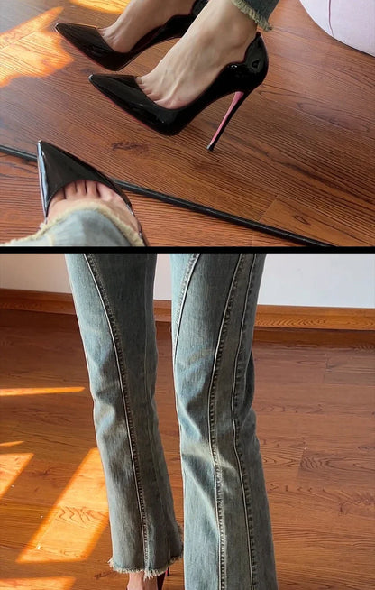 2025 New 12cm Black Extra Thin Heels  High Heels Super Shallow Mouth Women's Large Professional Single Shoes34-46