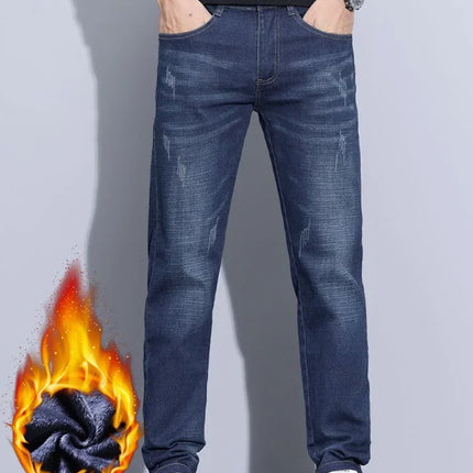 Business Casual Straight Washed Trousers Thickened Thermal Stretch Versatile Male Denim Pants New Men's Winter Fleece Warm Jeans