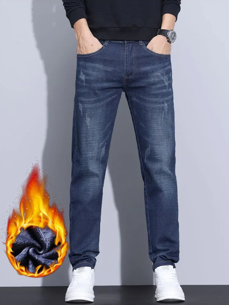 Business Casual Straight Washed Trousers Thickened Thermal Stretch Versatile Male Denim Pants New Men's Winter Fleece Warm Jeans